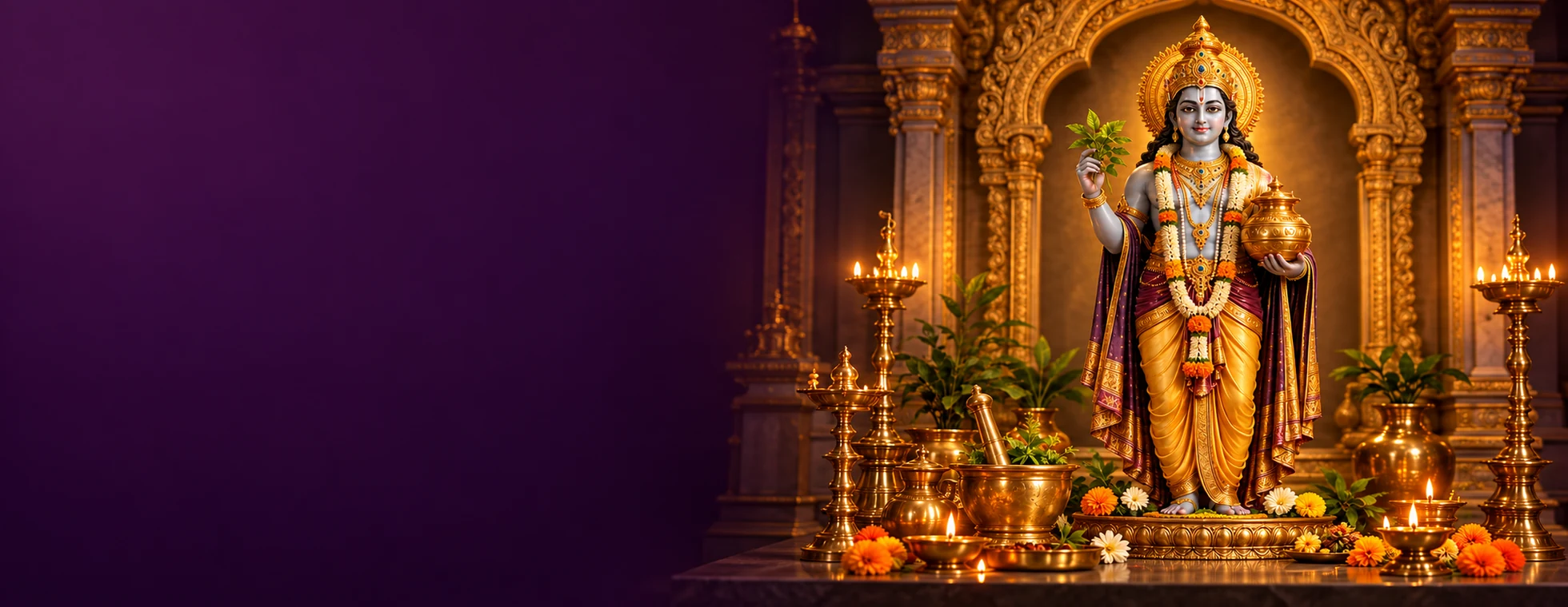 Lord Dhanvantari holding an amrit kalash in a temple shrine
