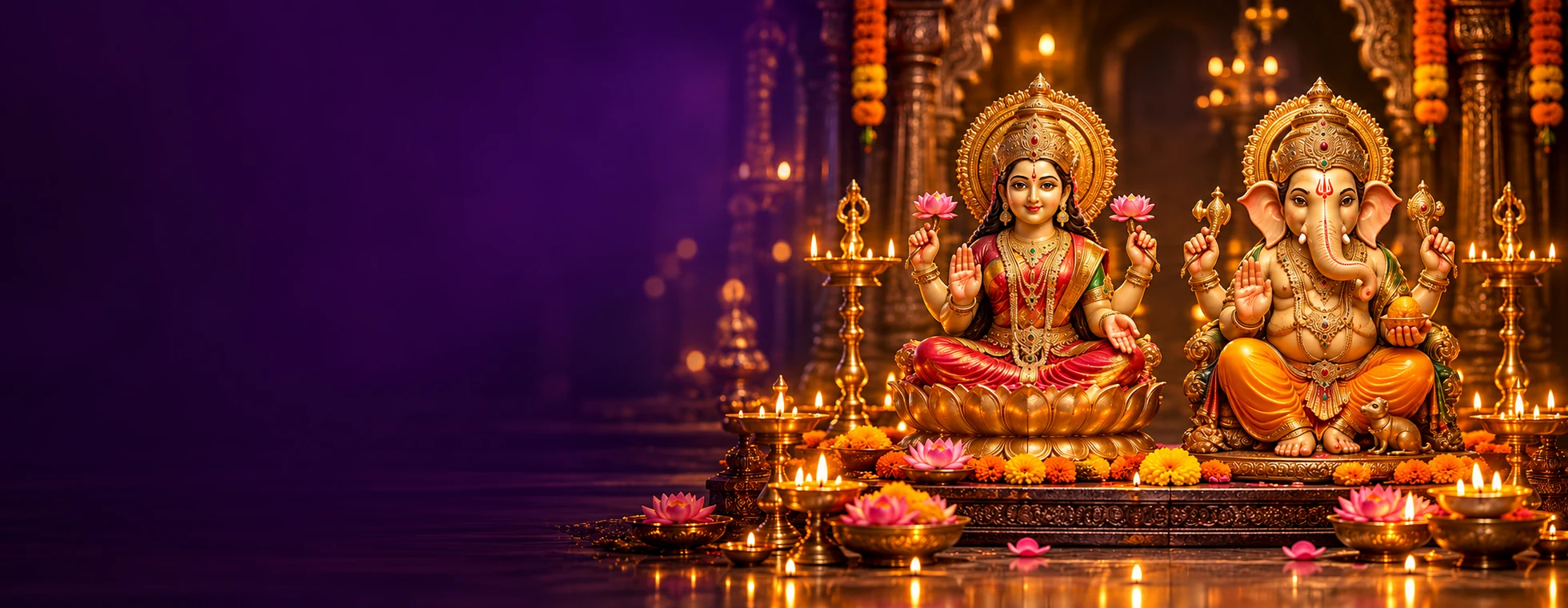 Lakshmi and Ganesha idols with glowing diyas for Diwali