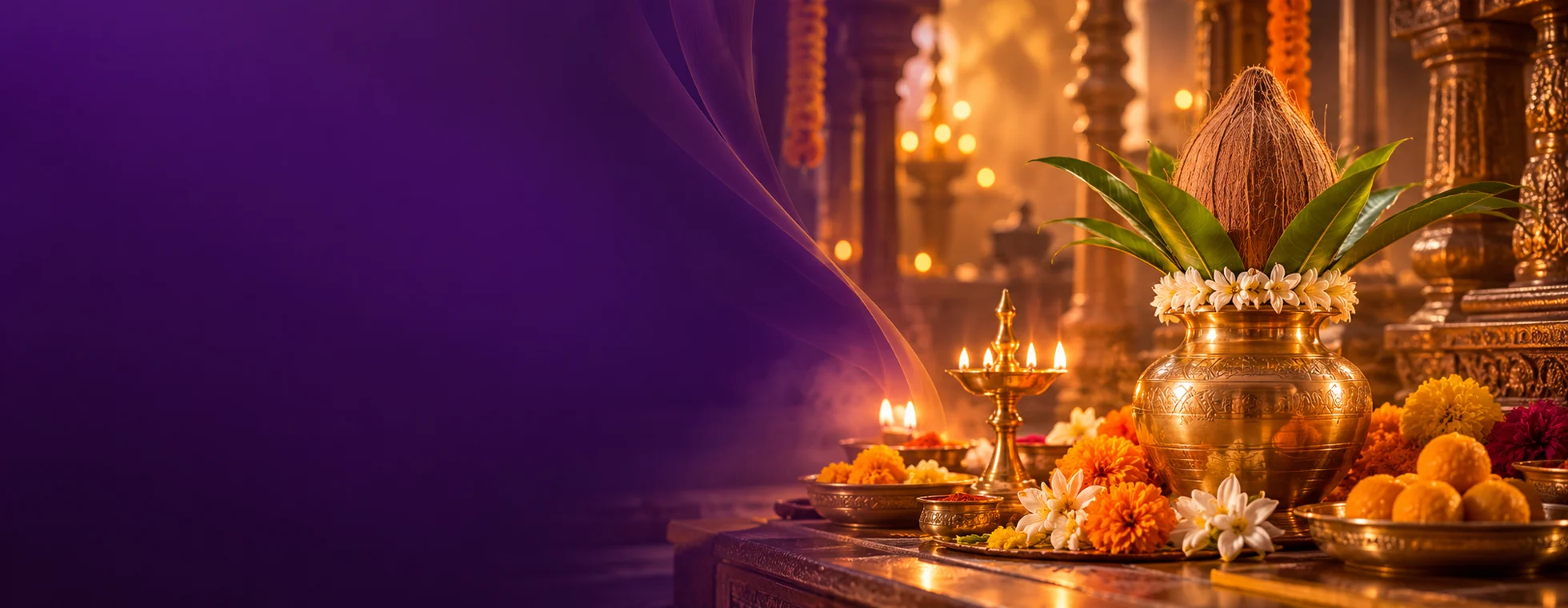 Sacred kalash, flowers and diya for Chadhava