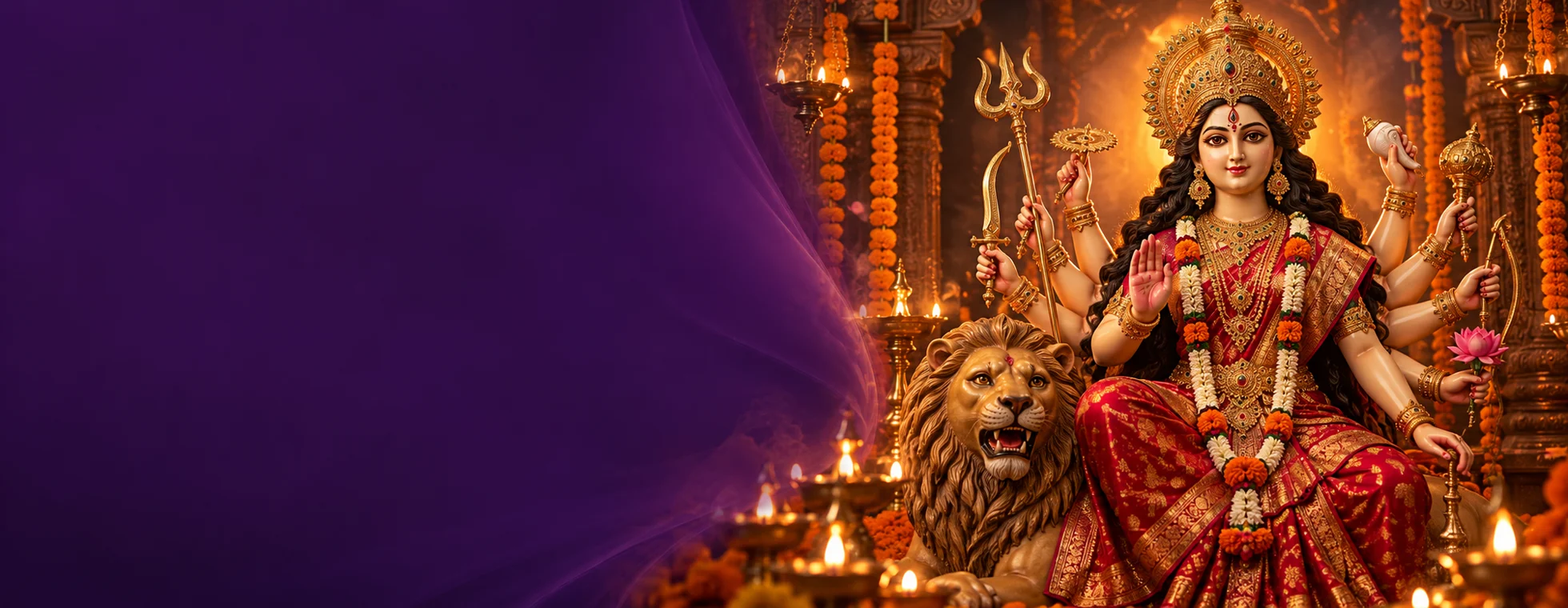 Maa Durga idol with lion and festive diyas